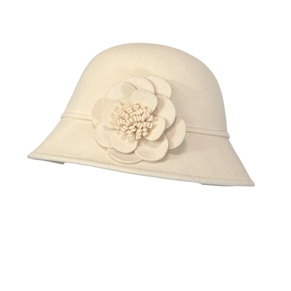 Samething Special 90s Cloche Hat Womens Wool Beige Flower Accent Vintage Style - Picture 1 of 13